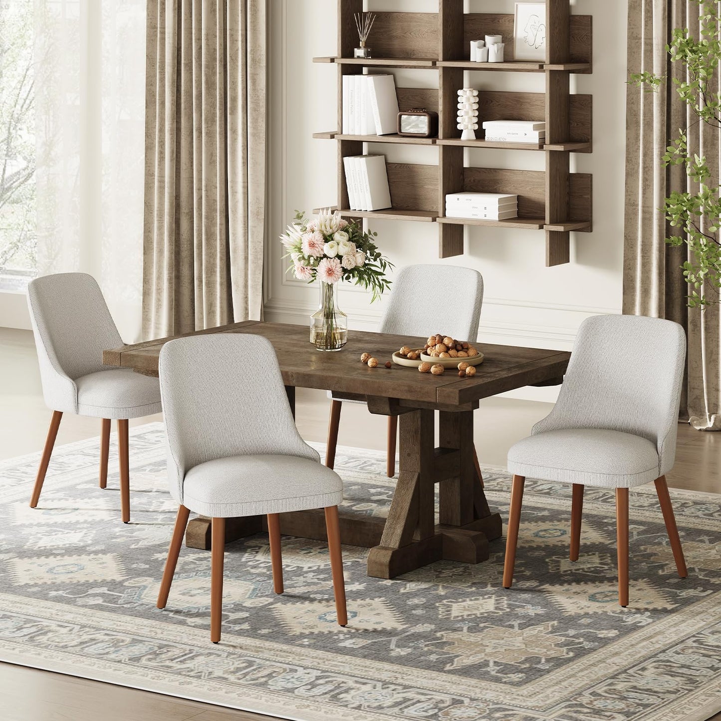 MALOL Dining Chairs Set of 6, Upholstered Dining Room Chair with Wood Legs, High-Back Padded Kitchen Chairs for Dining Room/Restaurant/Cafe, Light Grey