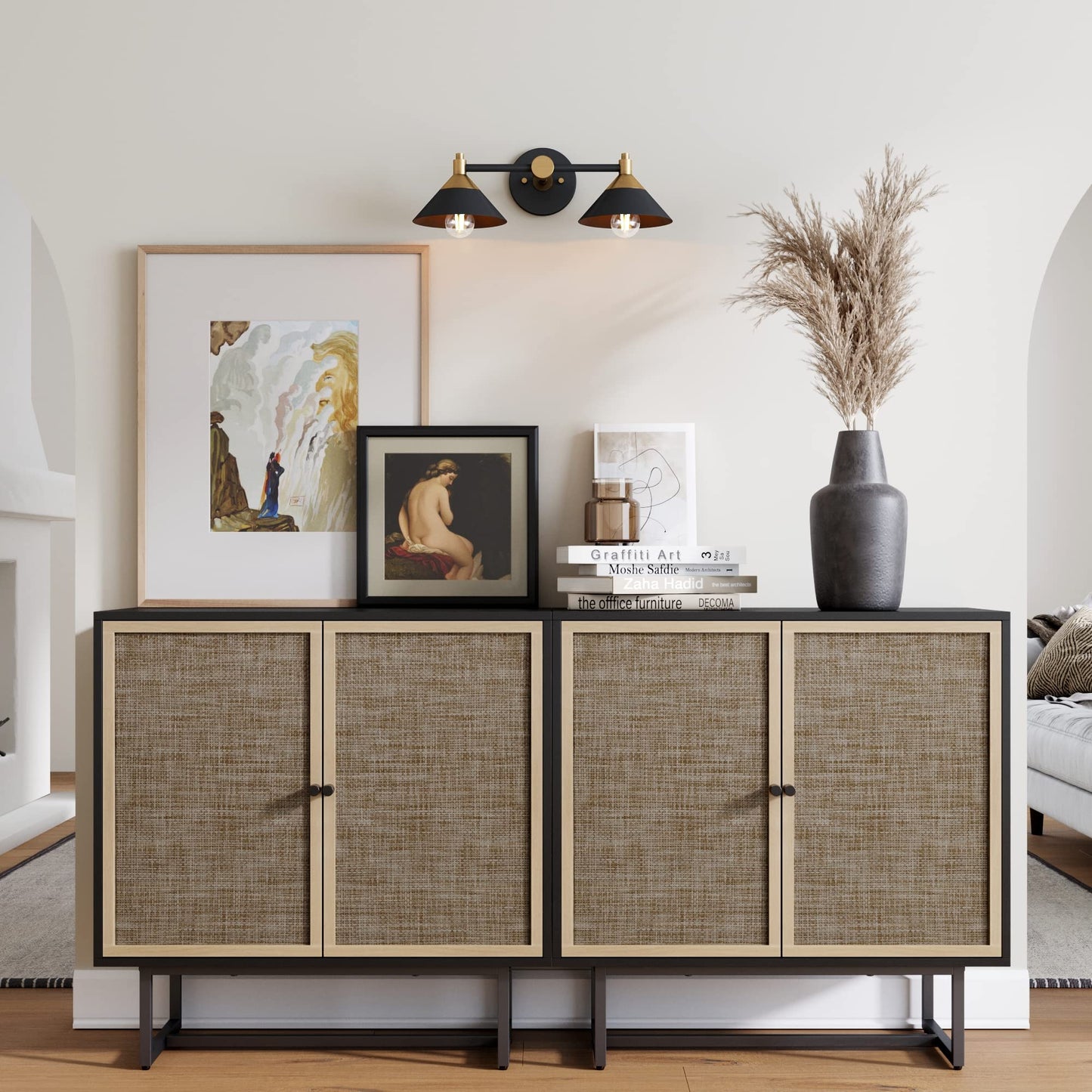 Nathan James Kova Rattan Wood Accent Sideboard Storage Cabinet TV Stand with Matte Metal Frame, Adjustable Shelves and Cane Doors, for Hallway, Entryway or Living Room, Black Oak/Cane, Set of 2