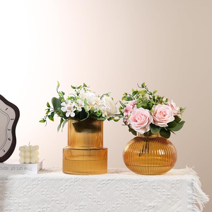 Ribbed Glass Vases, Set of 2 Fluted Vases for Flowers, Amber Glass Vase for Tulips, Modern Vase for Living Room, Kitchen, Office, Entryway, Mantle, Bookshelf, Wedding Gifts, Birthday