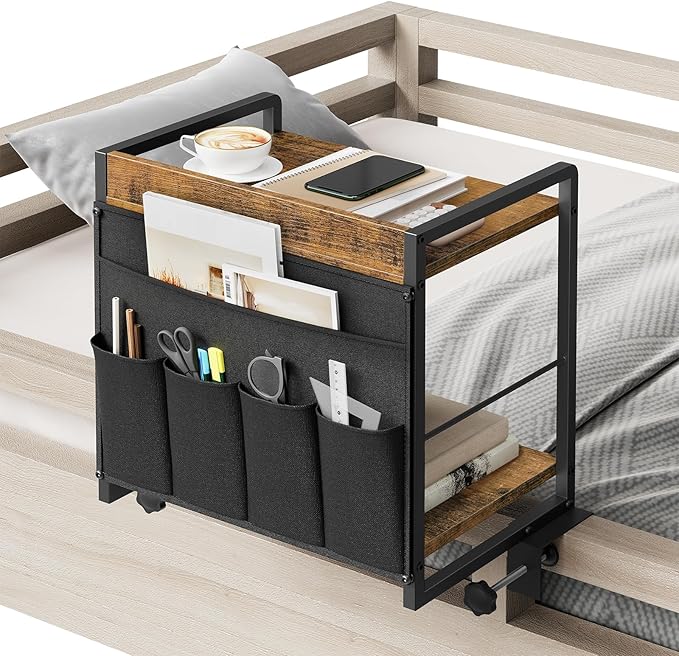 YATINEY Bedside Shelf, Bunk Bed Shelf with Storage, Clip-on Loft & Bunk Bed Tray Shelf, Nightstand for Sofa, College Dorm Room, Apartment, Rustic Brown and Black ET20BR