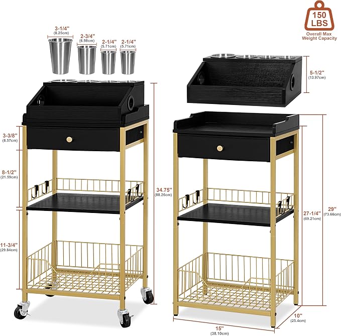 Large Makeup Organizer Cart with Hair Tool Holder, Rolling Makeup Cart with Drawer, 2-in-1 Vanity Organizer Cosmetic Display Cases for Skin Care Perfume Nail Polish Brush Tools, Gold & Black