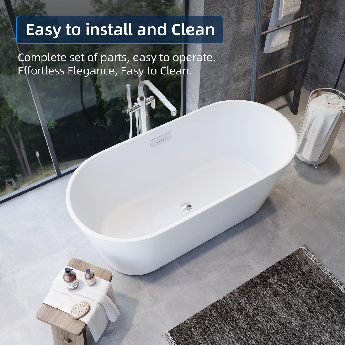 59" Free Standing Tub, Acrylic Soaking Bathtub, Stand Alone Freestanding Tub with Matte Sliver Drain and Overflow, Contemporary Bathtub for Bathroom, Burnish White