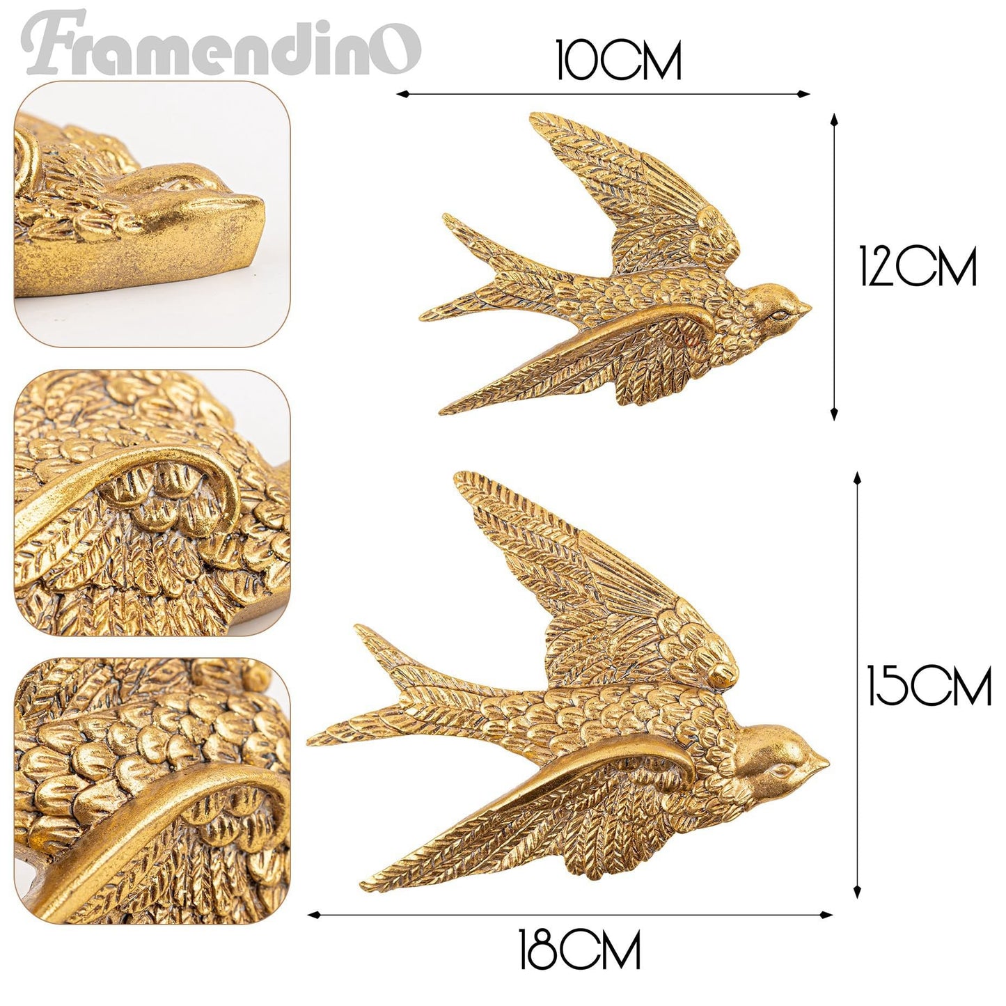 Framendino, 2 Pack Gold Bird Wall Figurines 3D Swallow Sculptures Flying Birds Art Sculpture Hanging Decor for Home Bedroom