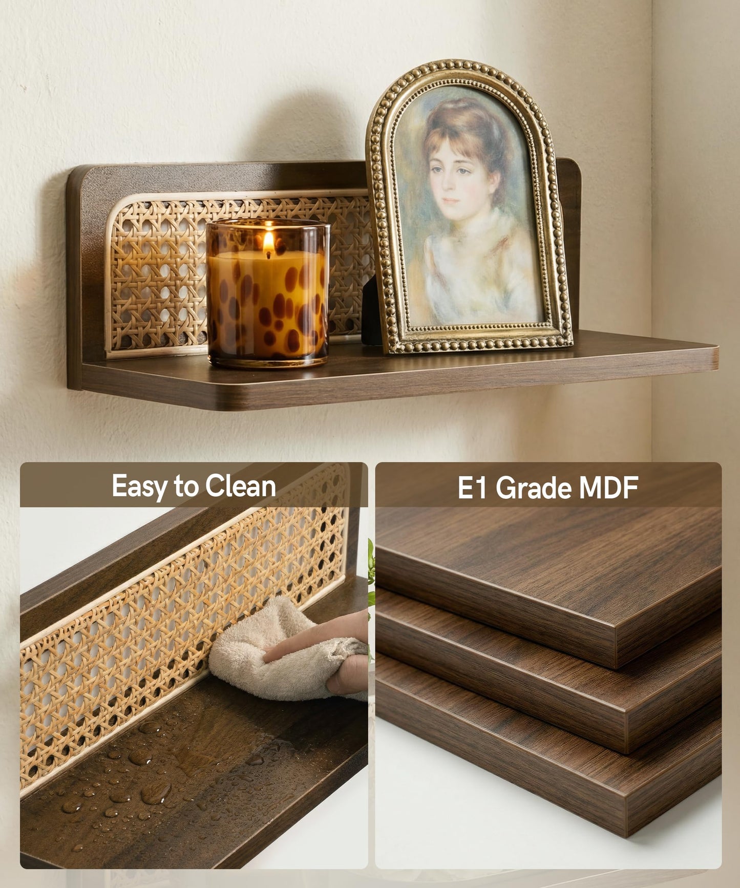 Mazjoaru Rattan Wall Shelf Mid Century Modern Decor Floating Shelves Walnut Boho Wall Decor Decorative Shelving Home Decor Living Room Bedroom Coffee Bar Bathroom Plant Photo 16inch