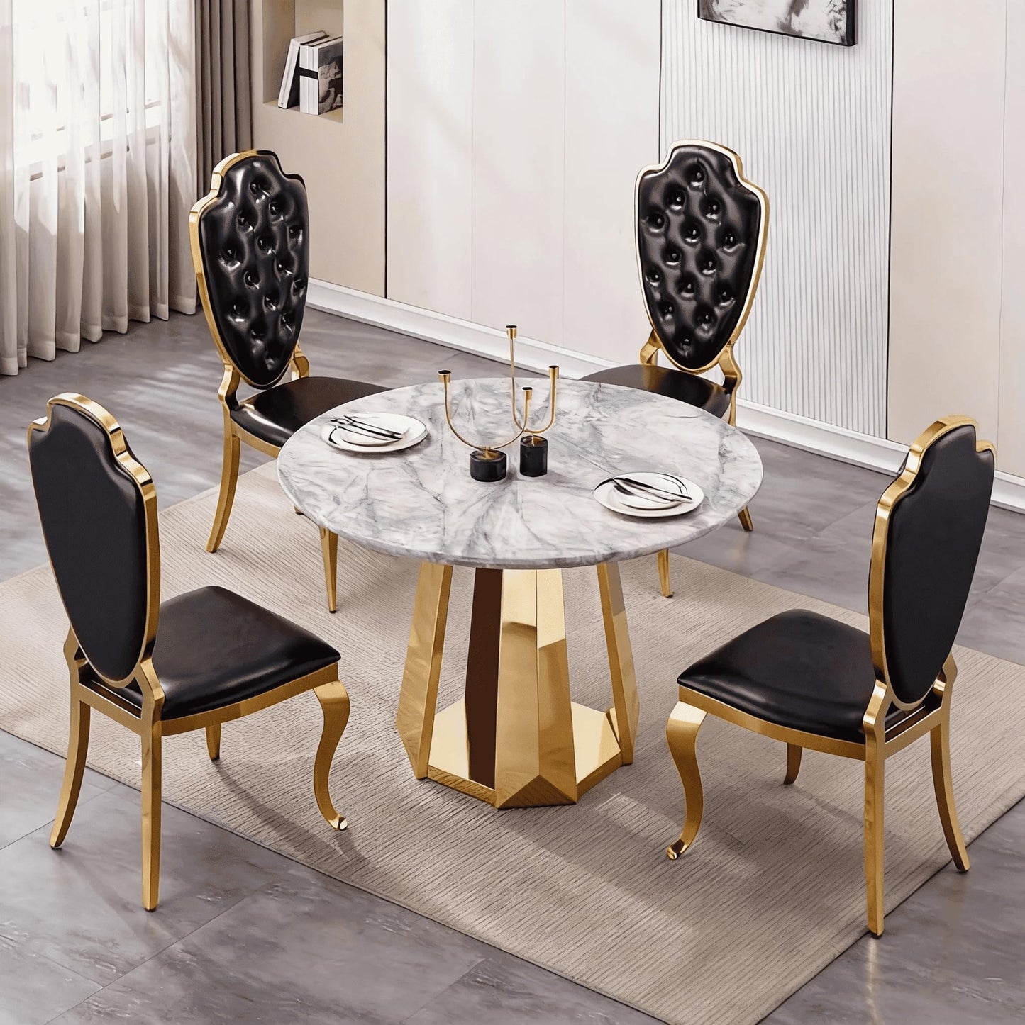 Glyph Form Round Faux Marble 47" Dining Table for 4-6, Luxury Gold Kitchen Table with Stainless Steel Base, Easy to Clean & Heavy Duty Modern Dining Room Table for Home Office,Grey, MDF(Table Only)
