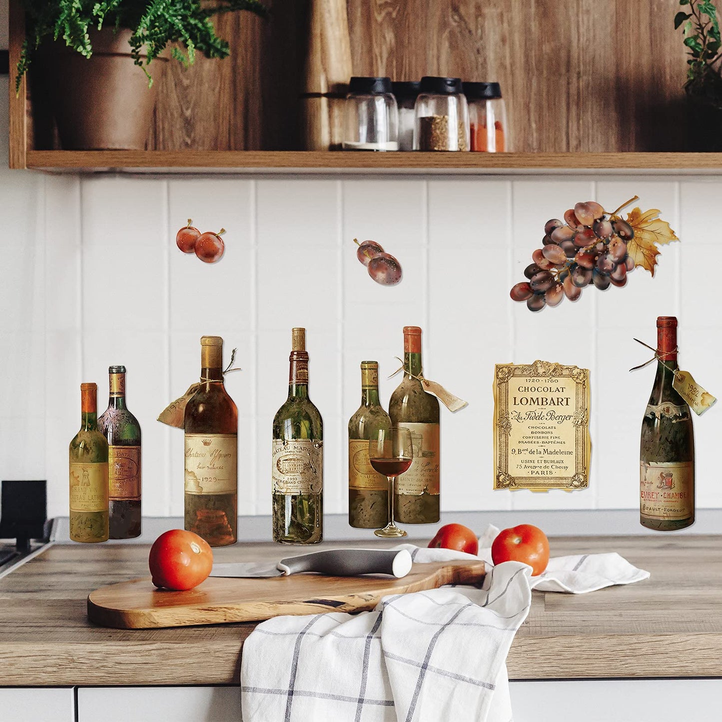 Censen 2 Sheets Wine Wall Decal Stickers Artwork Peel and Stick Wine Bottle Wall Glass Kitchen Grape Fruit Decal Stickers for Kitchen Dining Room Bar Home Restaurant