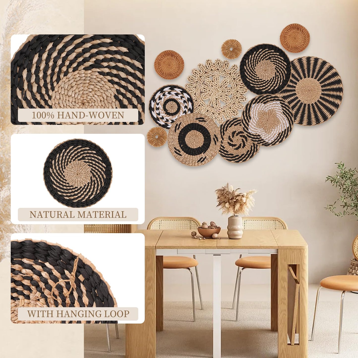 Boho Wall Basket Decor Set of 11 - Hanging Woven Bulrush Basket Wall Decor, Handcrafted Round Flat Baskets Wall Art, for Rustic Farmhouse、Home - Unique Rattan Wicker Wall Decor（Black Retro）