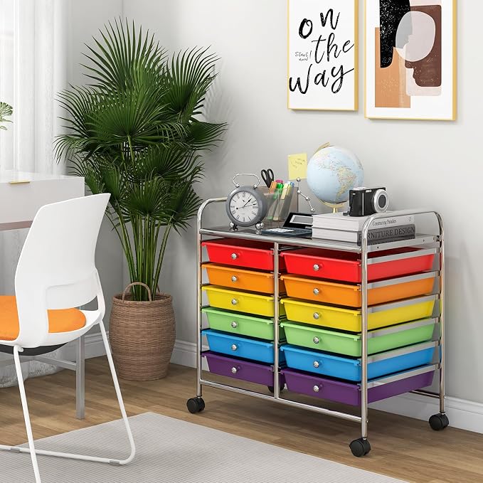 COSTWAY 12-Drawer Rolling Storage Cart, Utility Storage Organizer Cart for Tools, Scrapbook, Paper, Craft, Multipurpose Art Supply Organizer on Wheels for Home Office School, Teacher, Multicolor