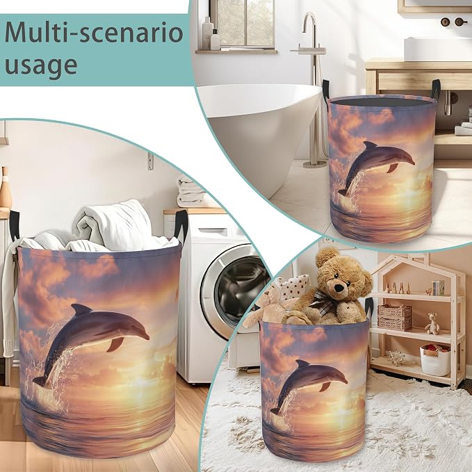 Laundry Hamper Foldable Oxford Cloth Dolphin Laundry Basket With Handle Portable Clothes Storage Organizer Basket Storage Bag For Laundry Room/Bedroom/Bathroom