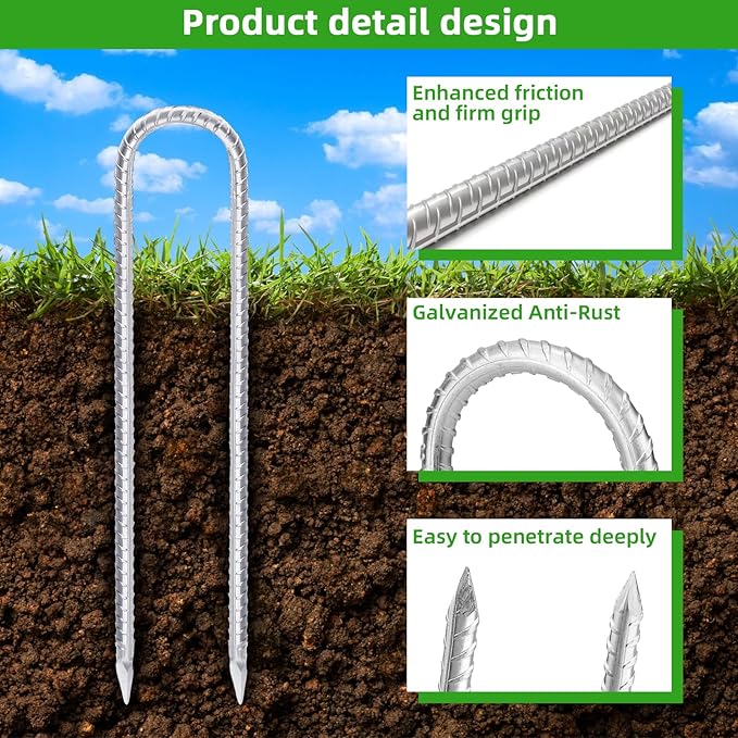 Trampoline Stakes Anchors High Wind 12inx6mm Galvanized U Hook 12pcs Rebar Stakes – Heavy Duty Ground Anchors for Trampoline,Yard & Inflatable,Landscape Metal Stakes for Outdoor Decorations