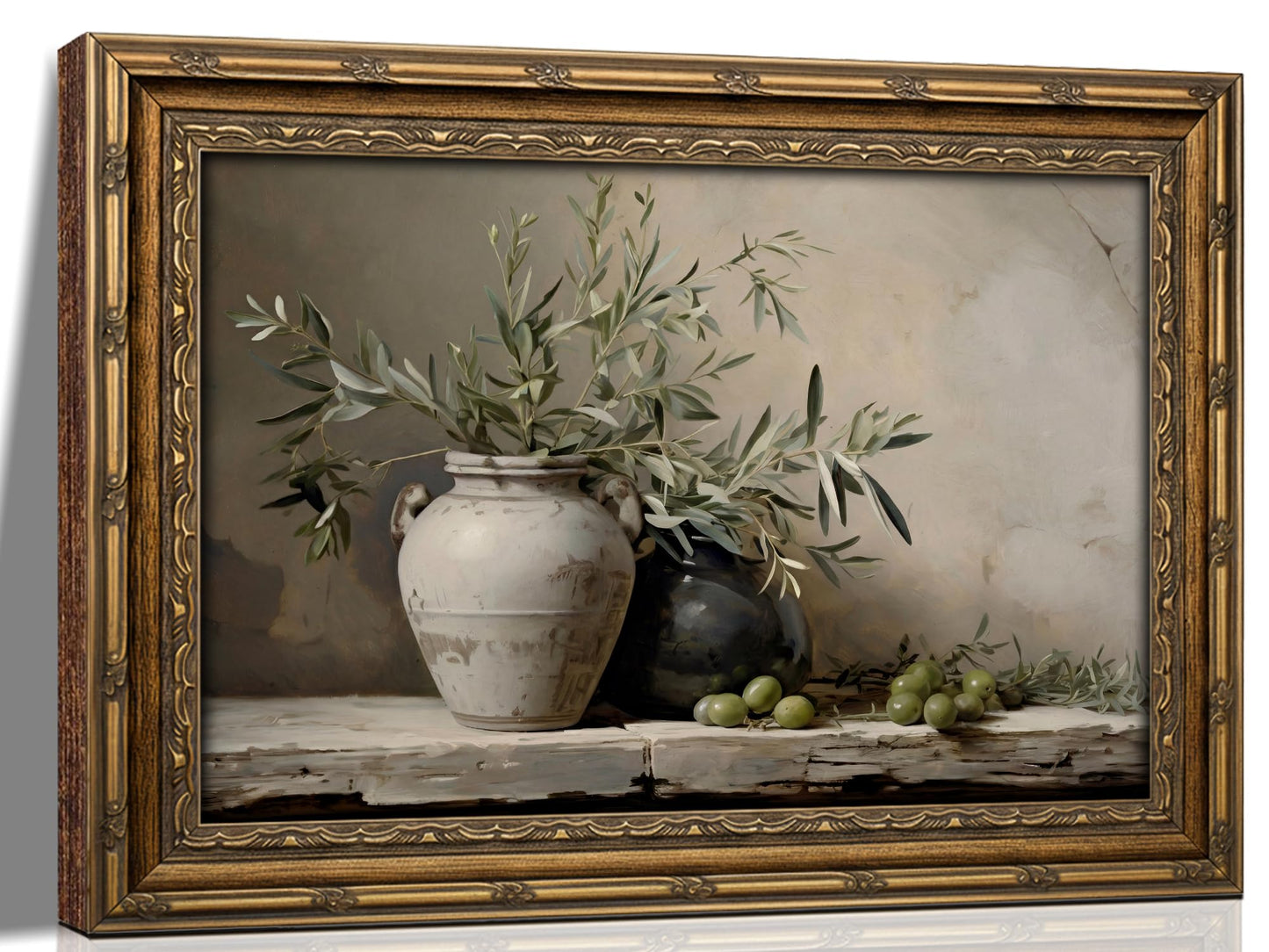 Vintage Gold Framed Olive Tree Wall Art, Rustic Potted Plant Paintings Prints Farmhouse Art Prints for Living Room Bedroom Bathroom (Framed 8X10)