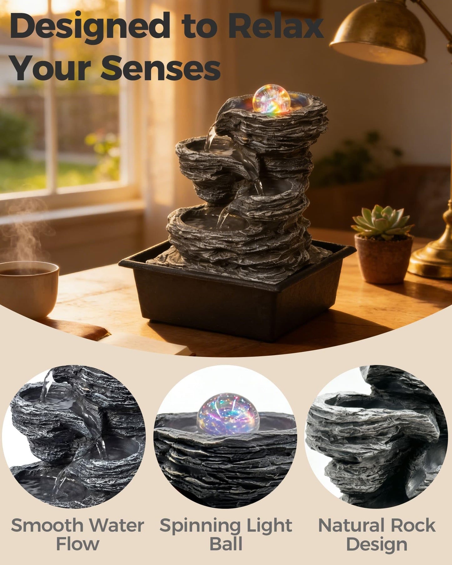 Twirleternity Tabletop Water Fountain with LED Lights & Rolling Bubble Ball, Indoor Waterfall Fountains for Home Office Zen Meditation Decor, Best Home Gifts for Friends or Family
