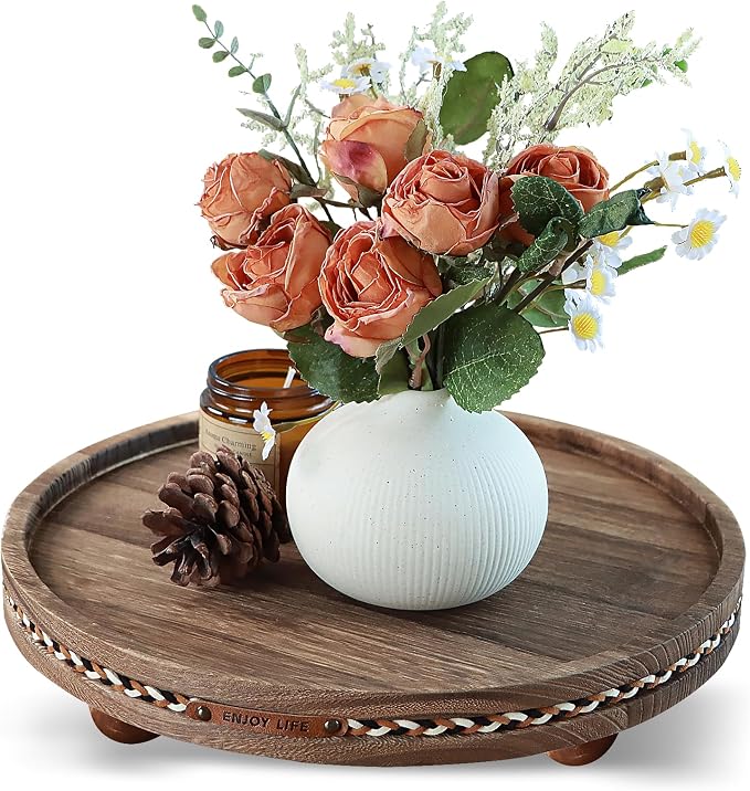 Farmhouse Decorative Round Tray, 11.81 Inch, Versatile Centerpiece Tray for Coffee Table Kitchen Living Room Bathroom, Home Decor Accent Rustic + Stripes