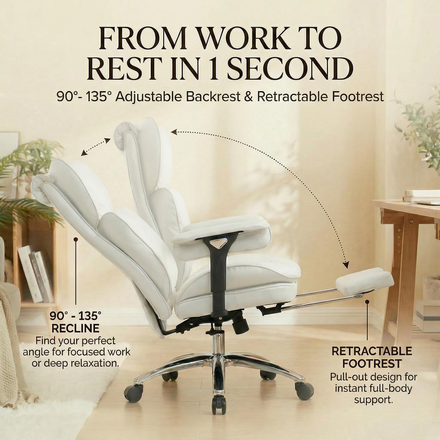 Efomao Big & Tall Executive Office Chair with Footrest - 400lbs Heavy Duty High Back PU Leather Desk Chair, Modern Ergonomic Reclining Computer Chair, White