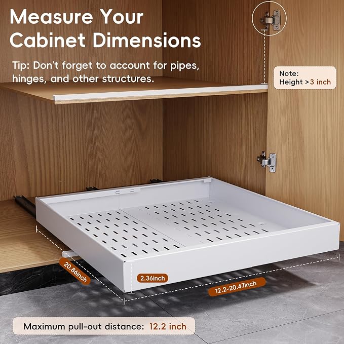 OneDream 2 Pack Pull Out Cabinet Organizer, 21" Deep Slide Out Drawers for Kitchen Cabinets, No Drill Adhesive Pull Out Drawers for Cabinets, Roll Out Shelves Adjustable Width 12.05"-20.4"