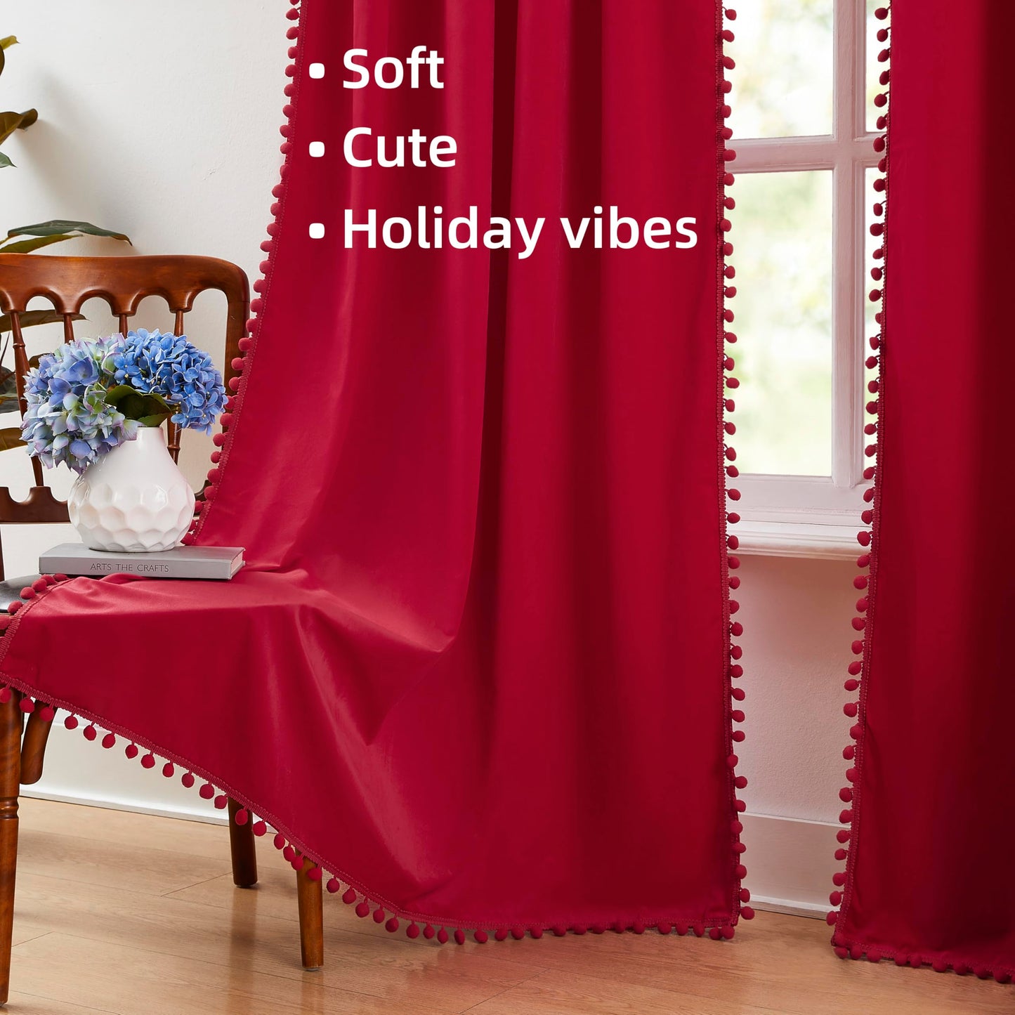Treatmentex Red Pom Pom Velvet Curtains for Christmas Holiday Season 42"x 84" Length Soft Room Darkening Window Drapes for Living Room, 2Panels, Rod Pocket