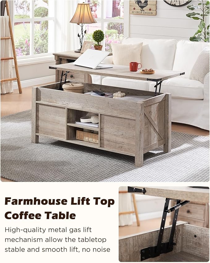 OKD 48" Farmhouse Lift Top Coffee Table with Sliding Barn Door,Rustic Center Table w/Hidden Storage Compartment, Lift Tabletop Dining Table w/Adjustable Shelf for Living Room,Light Rustic Oak