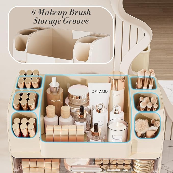 Delamu Large Makeup Organizer Countertop with 6 Brush Holders, Makeup Organizers for Vanity with 2 Large Drawers, Easy to Store Skincare, Lipsticks, Nail Polishes, Eyeshadow Palettes, Cream White