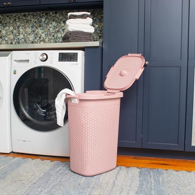 Mind Reader Slim Laundry Hamper with Lid, 60L Tall Clothes Basket, Narrow Tapered Design for Bathrooms, Closets and Laundry Rooms, Plastic, 2 Pack, Pink