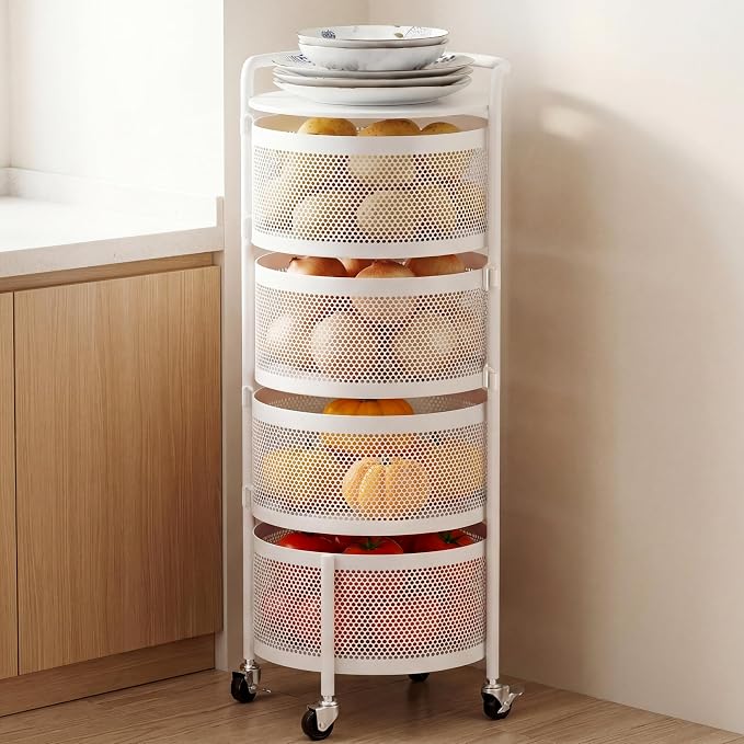 JAQ No Assembly Kitchen Storage Cart with Wheels, 4-Tier Rotating Onion & Potato Storage Organizer, Metal Produce Rack for Vegetable, Fruit and Pantry Storage, White