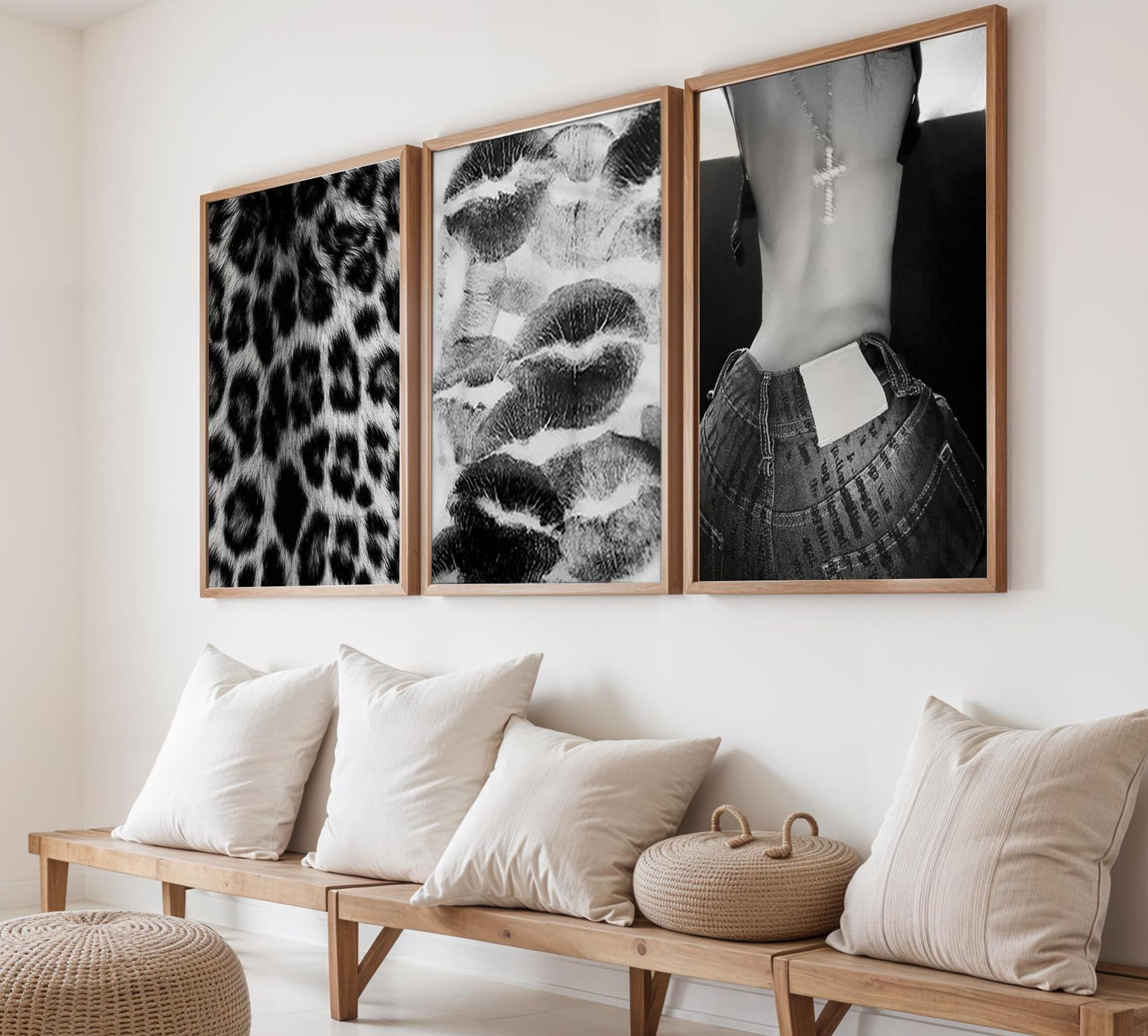 Set of 3 Fashion Chic Wall Art Kiss Lips Poster Leopard Picture Wall Decor Trendy Y2k Print Black and White Aesthetic Girly Room Decor for Bedroom Living Room Dorm Home Decoration Unframed 12"x16"
