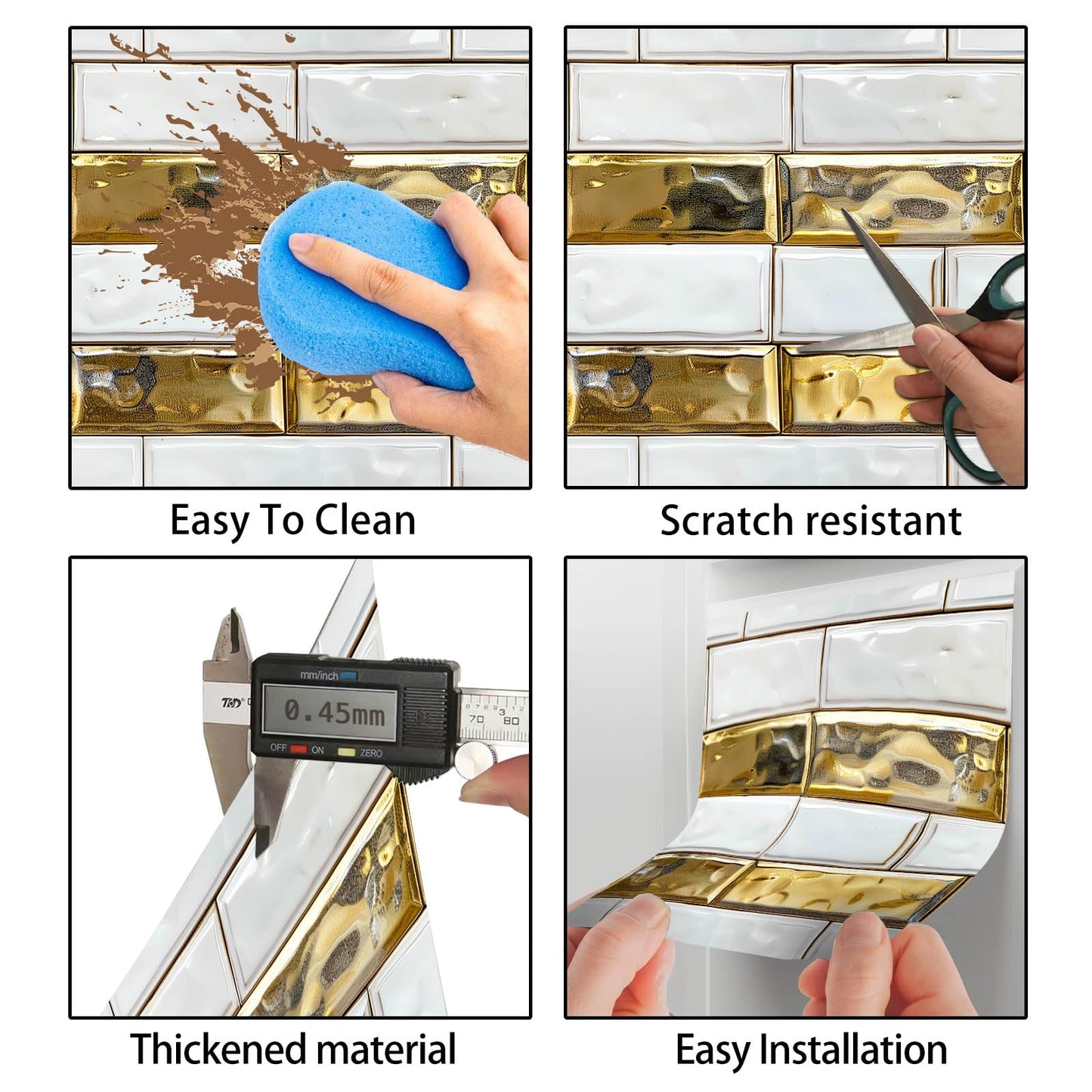 HOMETITUTE 20Pcs White Gold Brick Tile Stickers Peel and Stick Decorative Tiles Waterproof Removable Sticker Tiles Backsplash Decals for Kitchen Bathroom Fireplace Stair Riser Wall 4x4 Inch(not 3D)