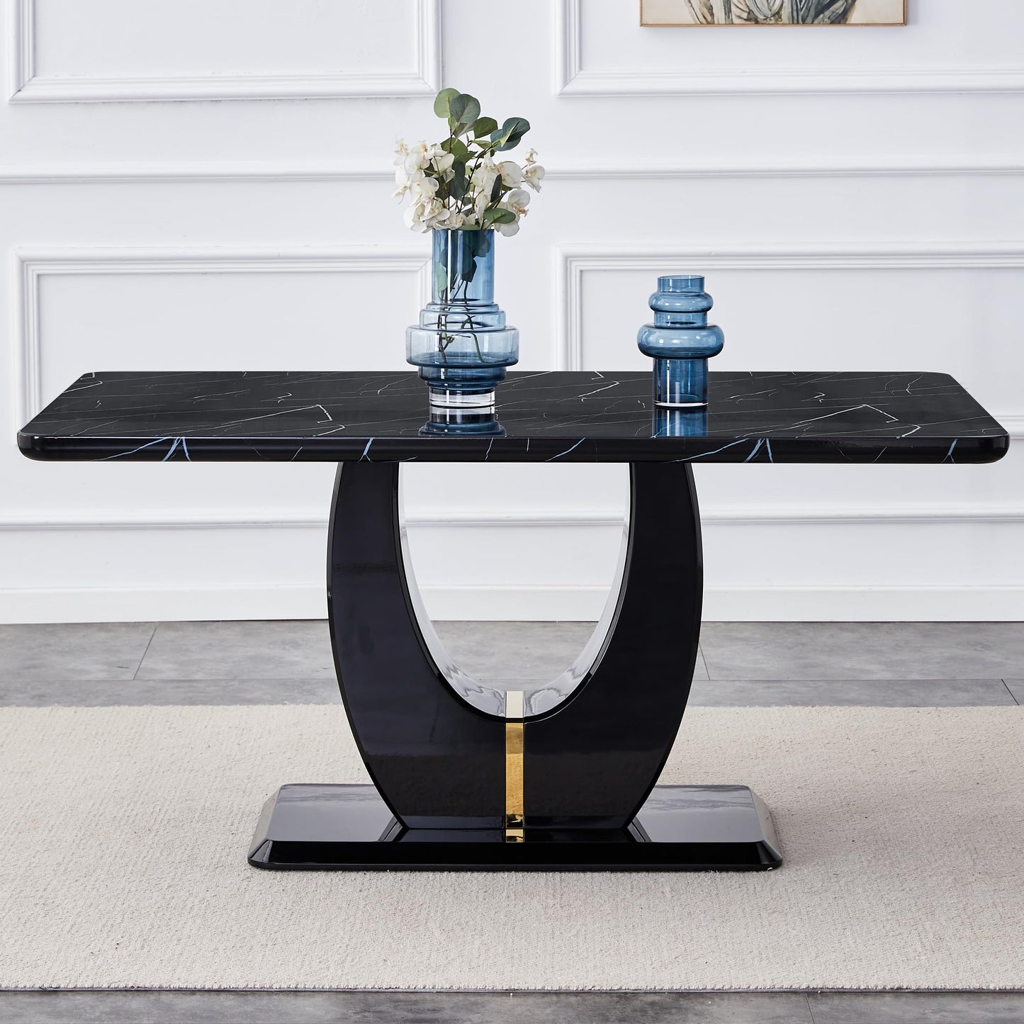 JUFU 63" Black Marble-Look Dining Table for 6, Modern Rectangular Kitchen & Dining Room Table, Glossy Faux Marble Finish Top, Pedestal Base, Easy Assembly