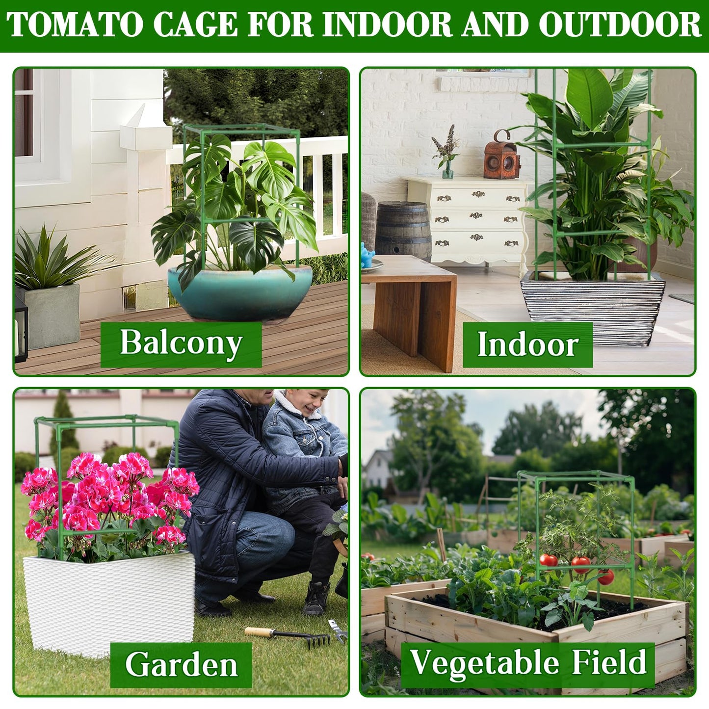 ZeeDix 4 Pack Tomato Cages for Garden 60 Inches, Heavy Duty Square Adjustable Tomato Trellis Cage Climbing Plant Support Trellis Plant Cages for Climbing Vegetables Flowers with 40Pcs Clips