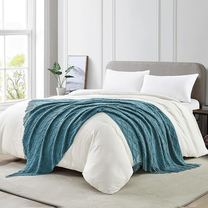 BOURINA Teal Throw Blanket 50 x70 Inches Jacquard Argyle Throw Textured Solid Soft Throws and Blankets for Sofa or Bed Knitted Decorative Blanket