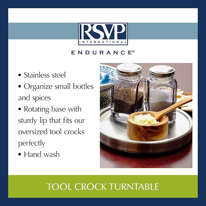 RSVP International Endurance Tool Crock Turntable Lazy Susan, Stainless Steel, 8.25" | Organize Spices & Small Bottles | Spins Easy | Handy in Cabinets or on Counters