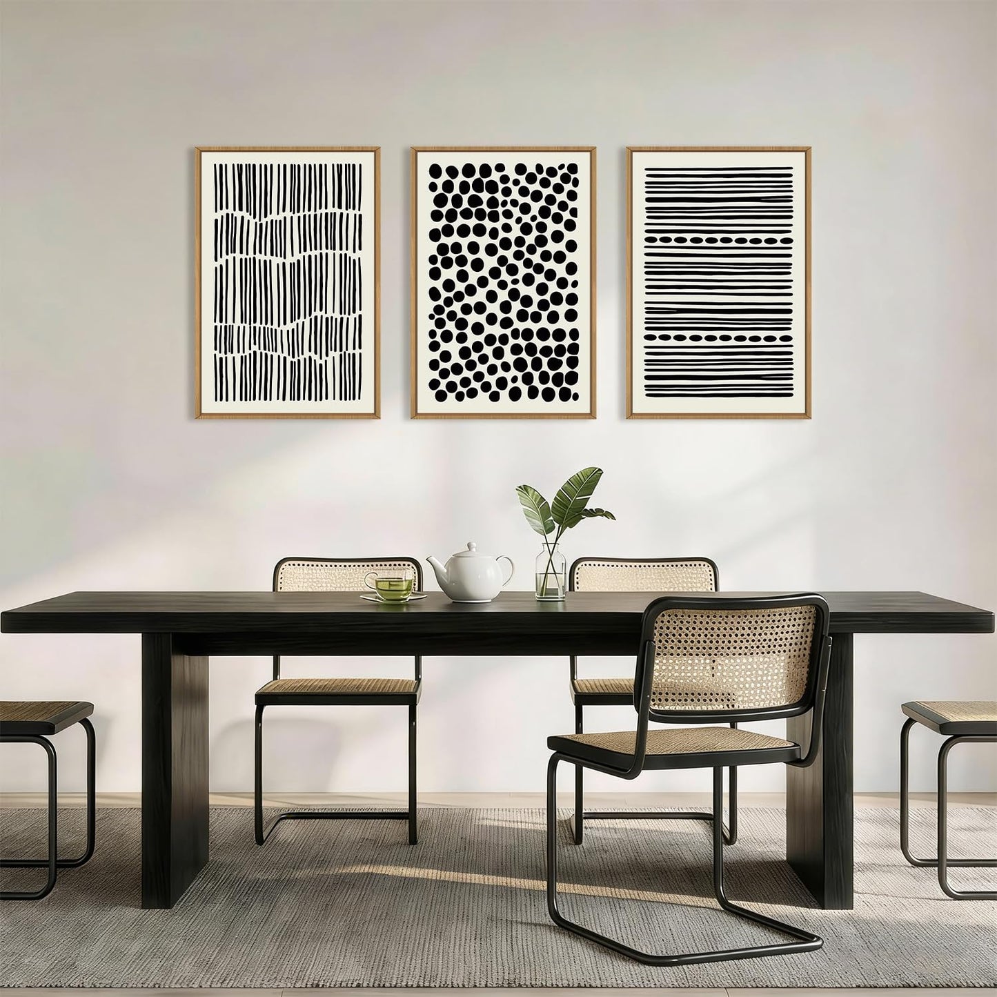 KAIRNE Abstract Black and White Framed Canvas Wall Art Set, Modern Geometric Wall Decor, Minimalist Line Art Prints, Neutral Boho Dots Artwork for Living Room, Bedroom, Farmhouse, Office -24"x36"x3