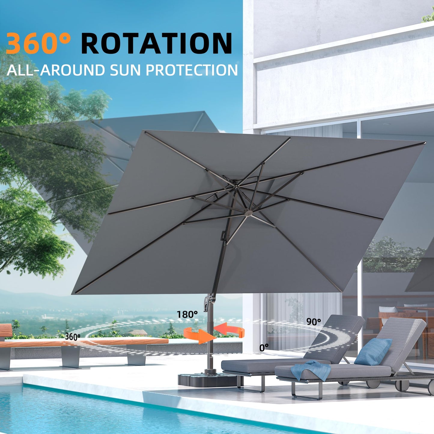 ORYNTREX 10' X 13' Outdoor Patio Umbrella Large Rectangle Cantilever Umbrella Heavy Duty 360°Rotation Offset Umbrella for Garden Deck Pool Patio,Grey