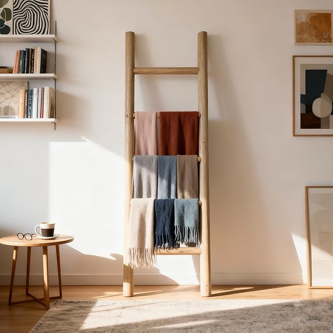 Wooden Blanket Ladder Natural & Motley Wood - Leaning Wall Decor for Bedroom, Bathroom, Living Room - Rustic Quilt Holder & Towel Rack (Natural Wood Color 57in, 57in | Fully Assembled)