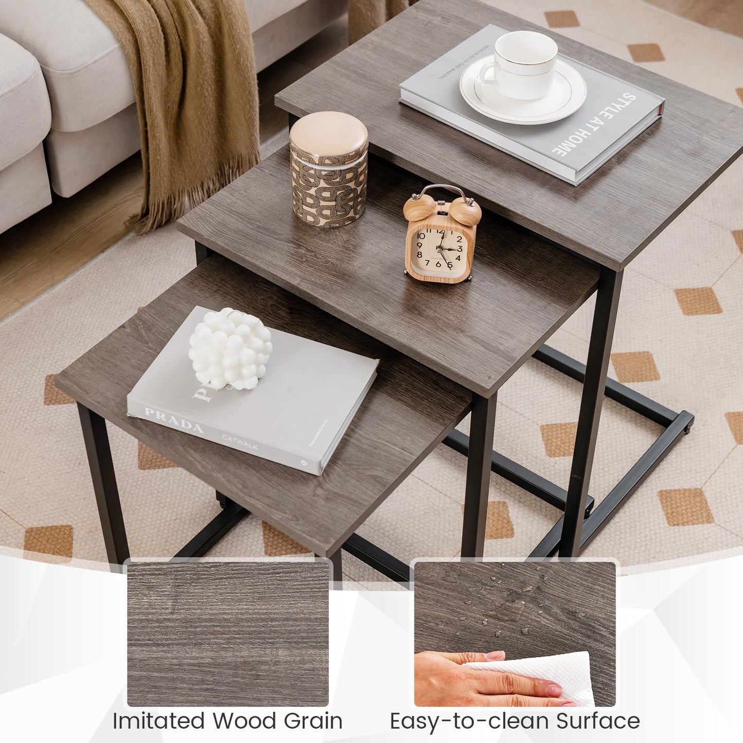 Tangkula Nesting Table Set of 3, Rectangle Stacking Side End Table w/Wood Top & Metal Legs, Adjustable Foot Pads, C-Shaped Accent Coffee Tables for Small Spaces, Living Room (C-Shaped, Gray, 3-pc)