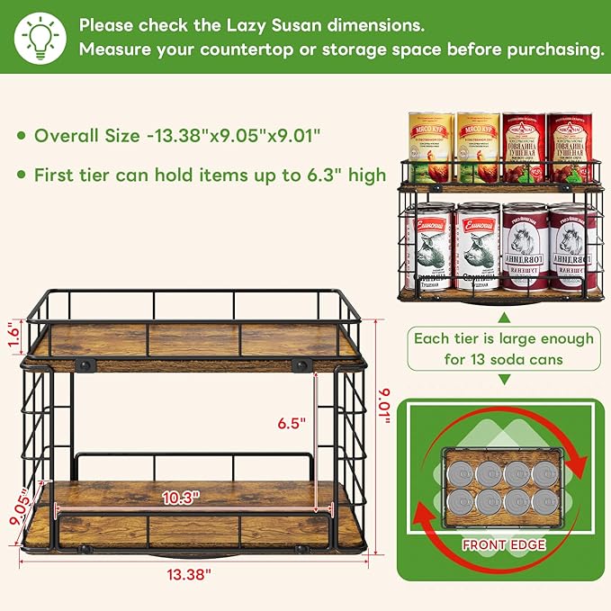 360° Rotating Can Rack Organizer for Pantry, 2-Tier Lazy Susan Can Organizer Holds Up to 26 Soda Cans, Metal Wire & Wood Shelf with Turntable Storage for Kitchen Cabinet, Pantry & Countertop