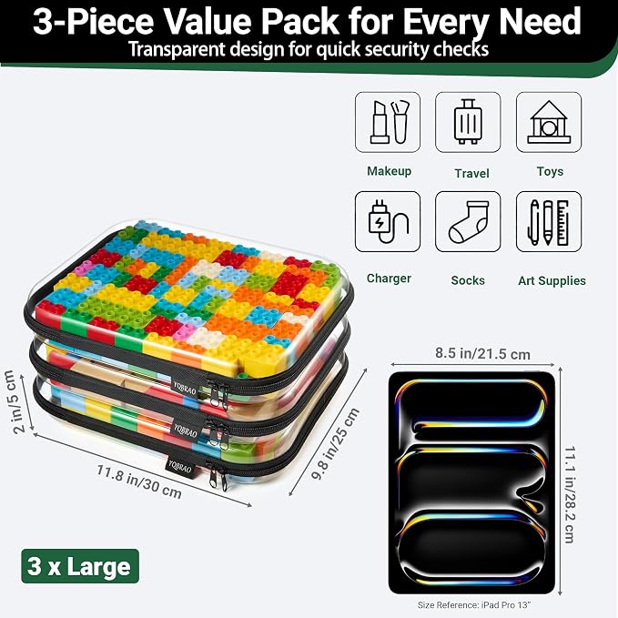 YQBRAO 3-Pack Large Clear Hard Shell Zipper Case, 1.2mm Rigid Toy & Cosmetic Bags, Heavy-Duty Diaper Bag Pouch Set with YKK Zippers, Waterproof Travel & Makeup Organizer (Black)