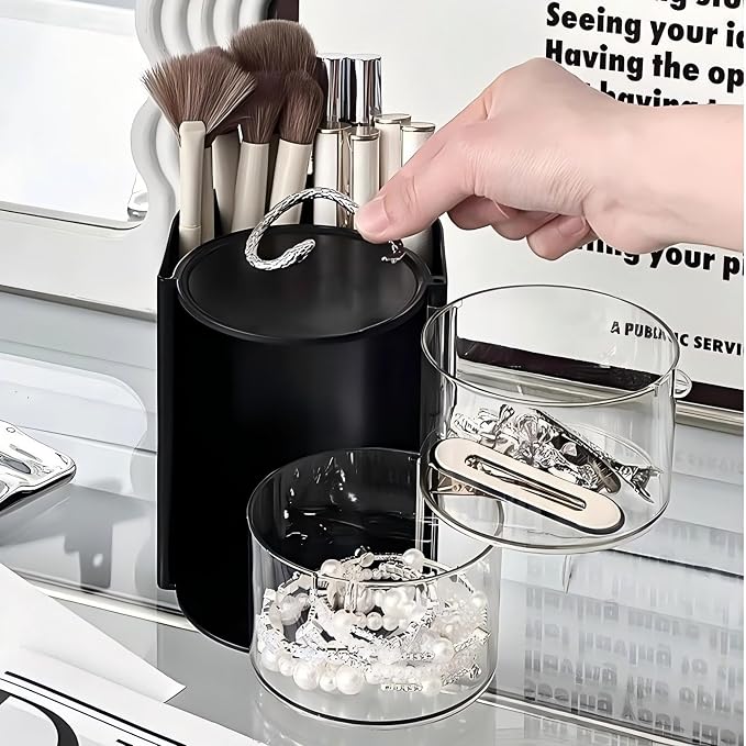 Azurphoric Hair Accessories Organizer with Hair Brush Holder, Rotatable Makeup Brush Holder for Necklaces, Earring, Bracelet, Ring, Makeup Brushes, Hair Clip and Hair Accessories (Black, 2-Layer)