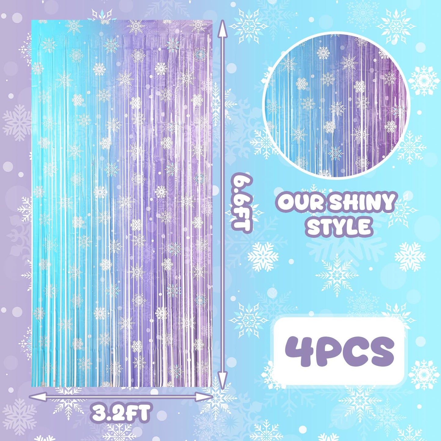 4 Pack 3.3x6.6 Ft Winter Princess Birthday Party Decorations Snowflake Backdrop Tinsel Foil Fringe Curtains Ice and Snow Birthday Party Supplies Snowflake Photo Booth Prop Backdrop Streamer