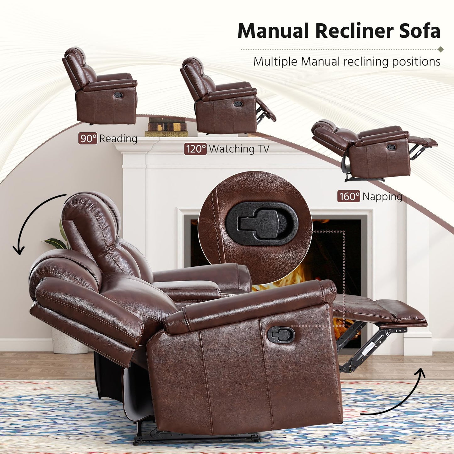 ANJ Geniune Leather Manual Loveseat Recliner Sofa Set of 2 with Center Console, Overstuffed 2-Seater Reclining Couch with Hidden Storage & Cup Holders, 2 Dual Recliner for Living Room, Rust Brown