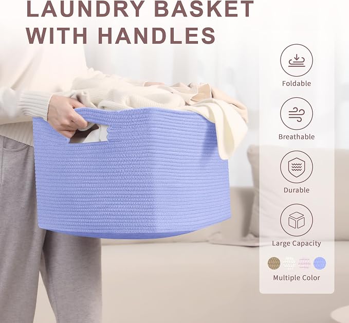 60L Small Baby Girls Laundry Basket for Nursery Storage,Cute Woven cotton Rope Baskets for Kids Toy，Gifts, Boho Square Wicker Blanket hamper for Living Room,Bedroom Dirty Clothes,Blue Purple