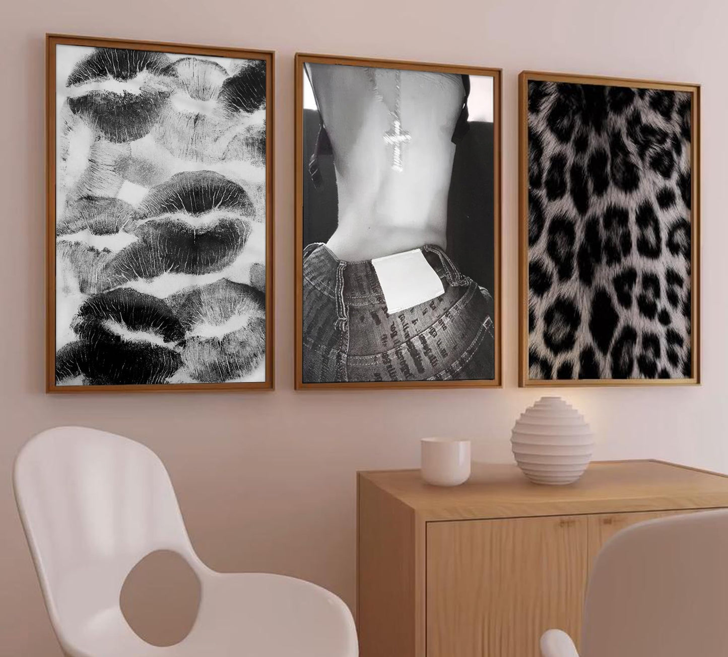 Set of 3 Fashion Chic Wall Art Kiss Lips Poster Leopard Picture Wall Decor Trendy Y2k Print Black and White Aesthetic Girly Room Decor for Bedroom Living Room Dorm Home Decoration Unframed 12"x16"