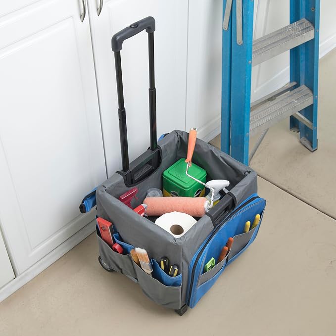 Mobile Folding Utility Cart with Canvas Storage Organizer Bag, Rolling Cart, Blue/Grey