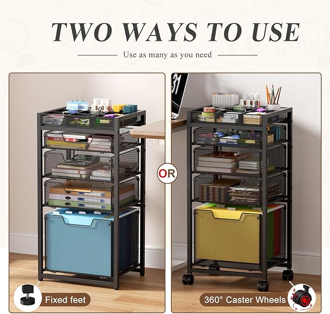 Rolling File Cart with 4 Storage Drawers, Under Desk Organizer with DIY Divider, Moblie Filing Cabinet on Wheels, Fits A4/Letter Size, Metal Utility Cart for Home Office, Black