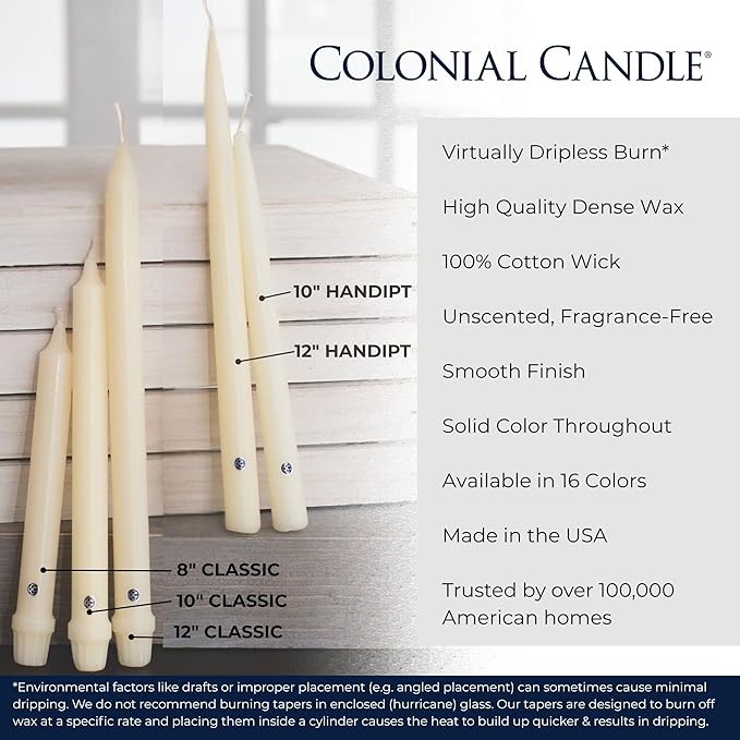 Colonial Candle Unscented Taper Candle, Classic Collection, Persian Pink, 12 in, Pack of 12 - Up to 10 Hours Burn