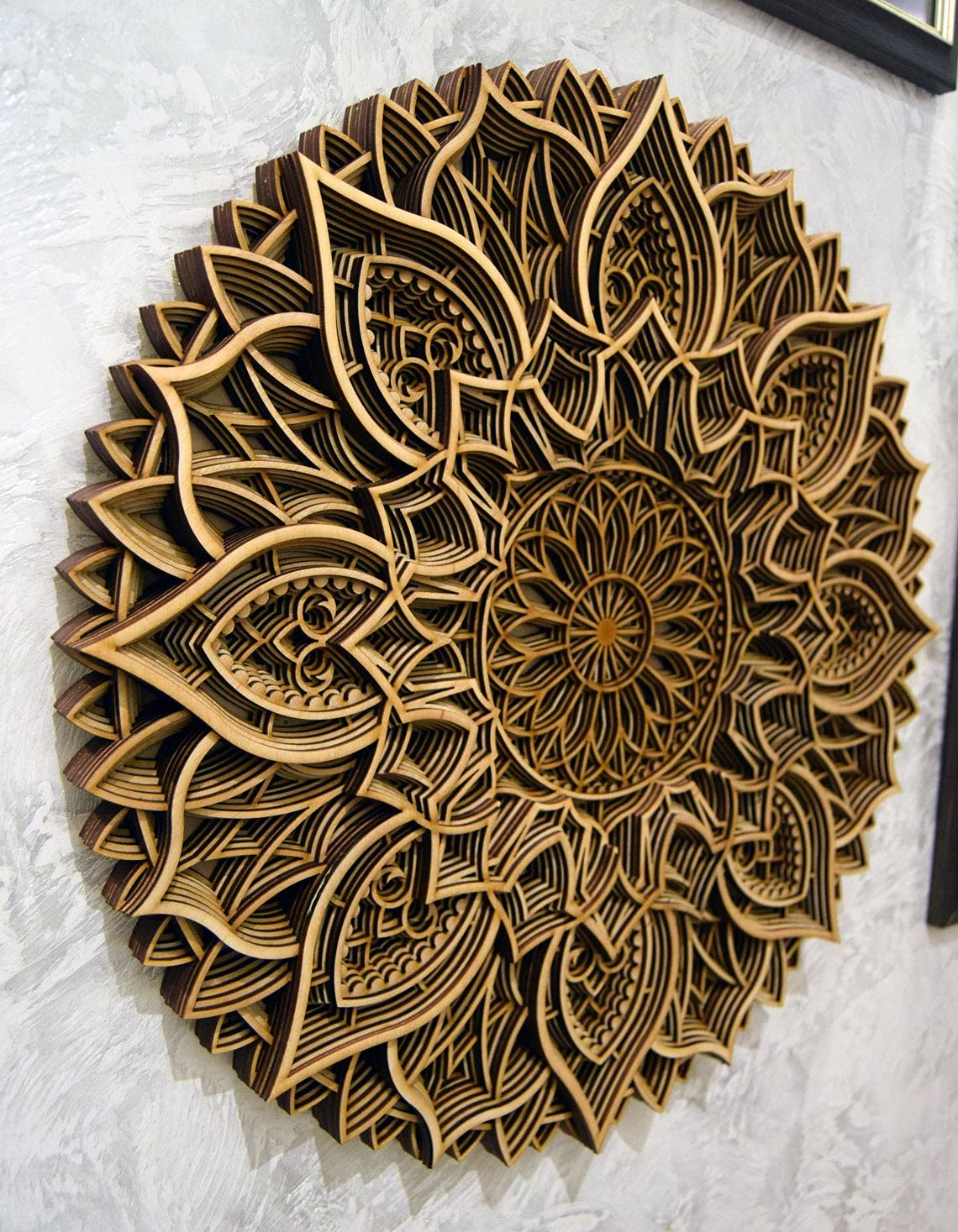 BHDecor Home Wall Decor – Multilayered Laser Cut Carved Elegant Wooden Mandala Hanging MDF Panels for Decoration - Rustic Contemporary Artwork 28.3 x 28.3 inch(72cm), Natural Wood