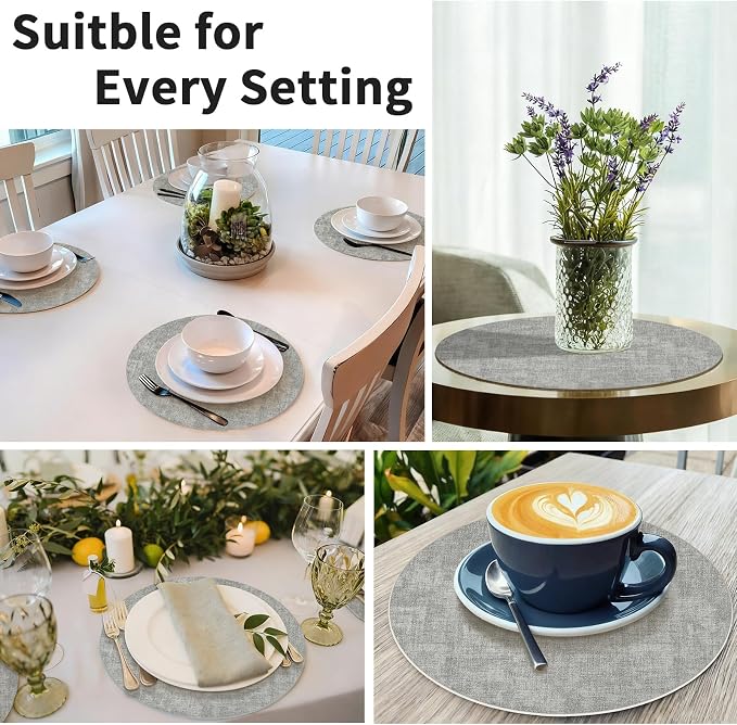 Maxpearl Round Placemats Set of 6, 13.8 inch Faux Leather Heat Resistant Table Mats, Non Slip Waterproof Wipeable Place Mats for Kitchen Dining Holiday Party Table Settings, Grey