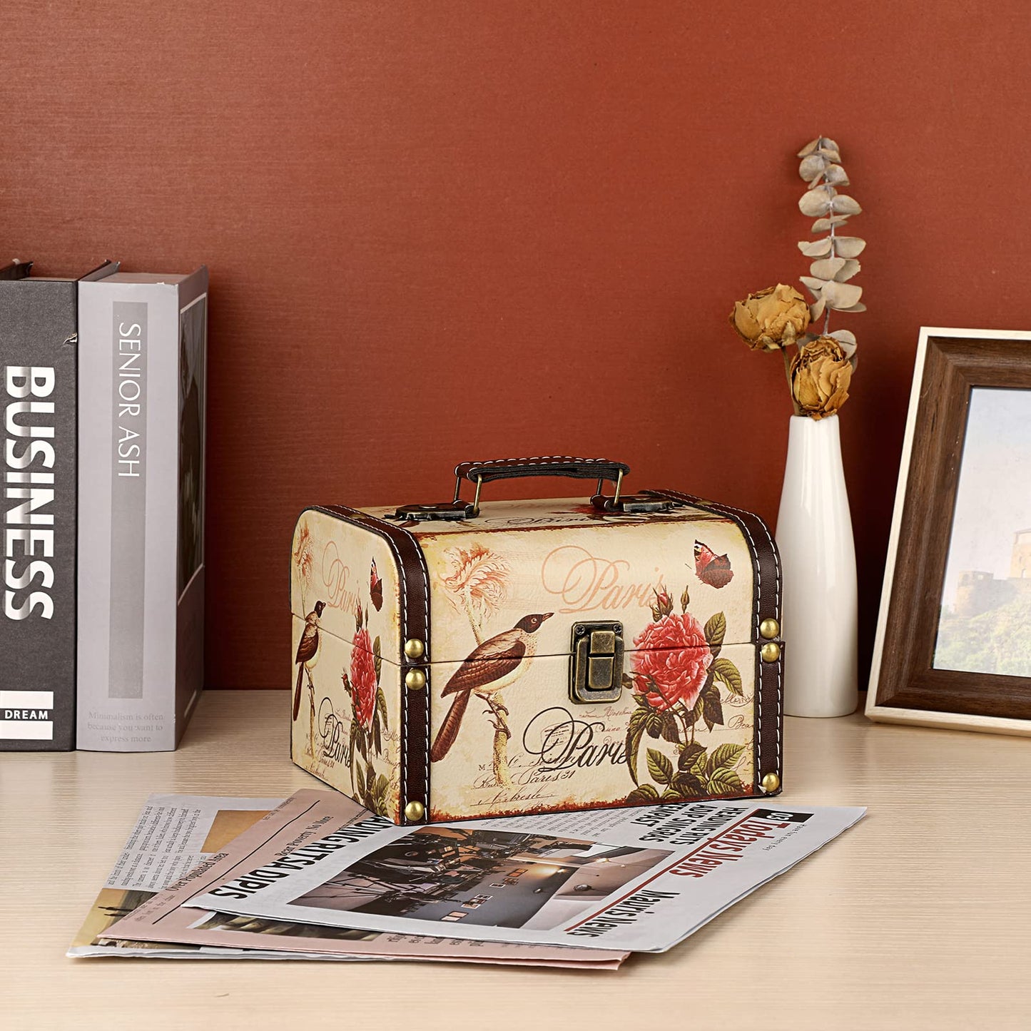 ELLDOO Decorative Treasure Chest Box, Wooden + PU Leather Storage Box for Jewelry Trinkets, Keepsakes box for Girls Women Gifts (Bird + Flower Pattern)