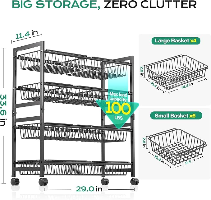 Cinati 4-Tier Snack Cart with Wheels, 29''W Toy Storage Organizer, Rolling Pantry Storage Cart with 10 Wire Baskets & Handle,Adjustable Metal Snack Rack, Kitchen Organizer for Fruit, Vegetables(Black)