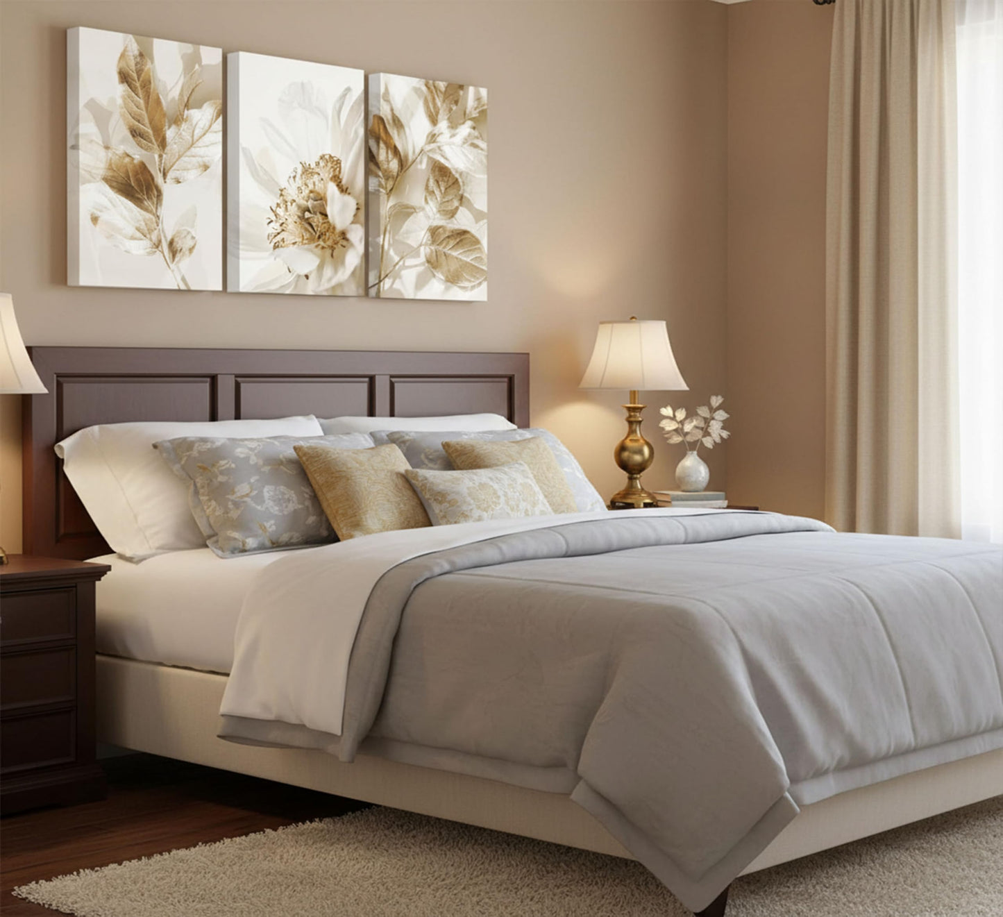 3 Pcs Modern White Floral Golden Leaves Canvas Wall Art Neutral Boho Beige Botanical Painting Pictures Nordic Wall Decor Posters Print Artwork for Bedroom Living room Office Home Decoration