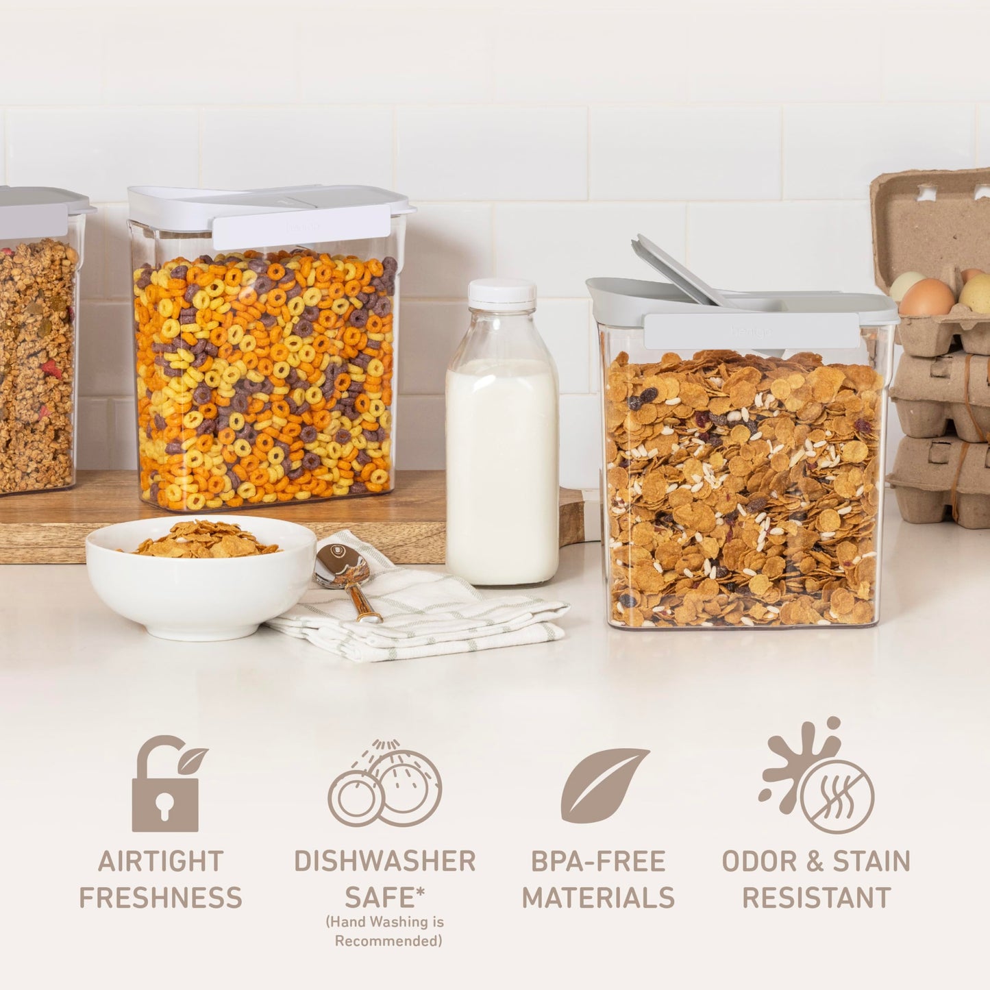 Bentgo Pantry - 6-Piece Airtight Cereal Containers, Easy Push & Pour Lid, Stackable & Clear BPA-Free Storage, Locking Lids for Freshness – Ideal for Kitchen & Pantry Organization (White Stone)
